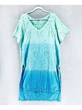Free People Dress Womens S Blue Hombre Eyelet Big Wave Tunic Maxi